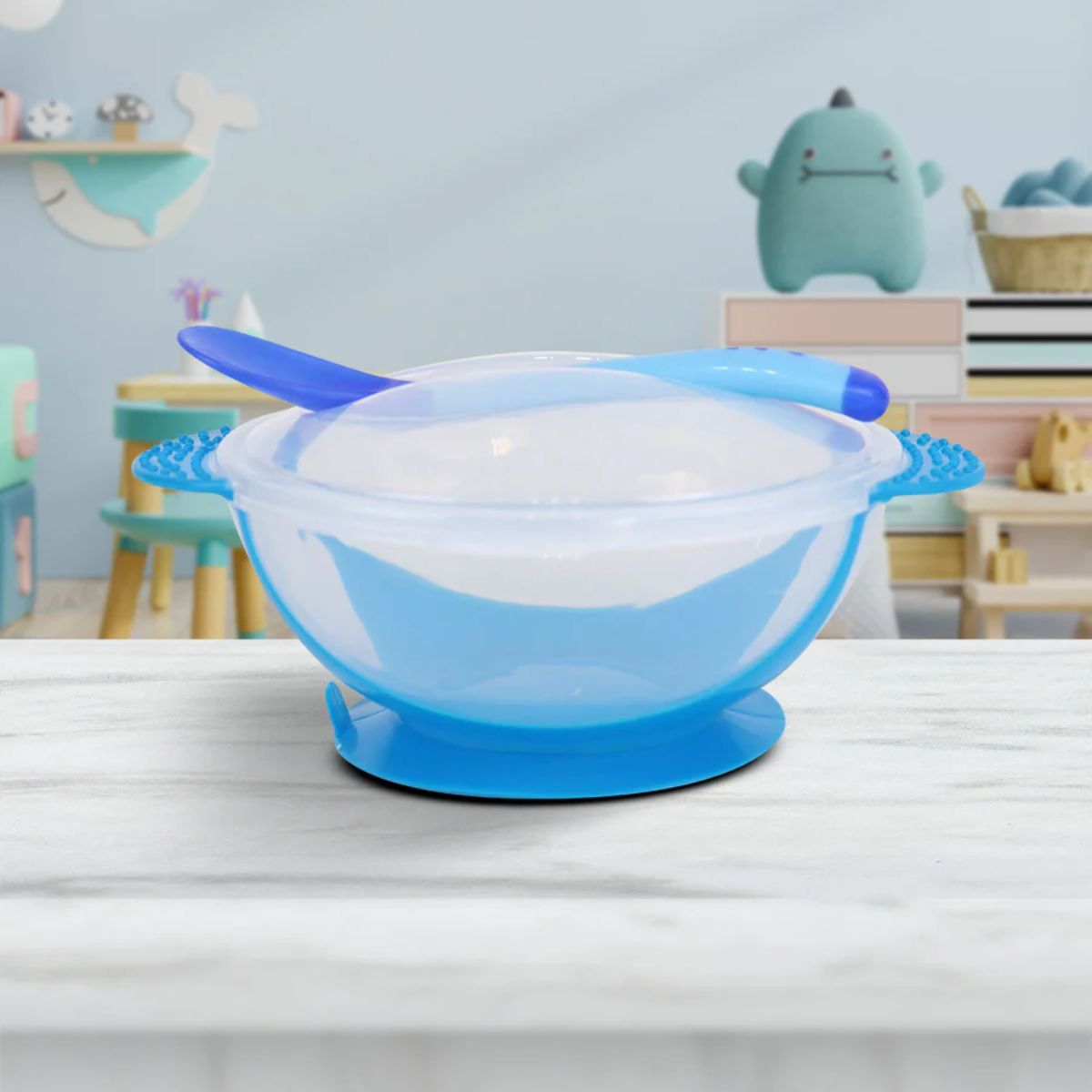GENERICO - Set Alimentación Bebé Cuchara Pocillo Con Ventosa Fijación Azul