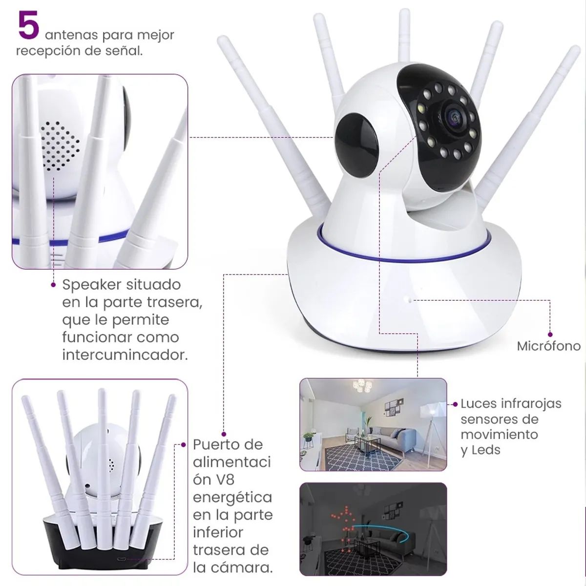 MOVI - CAMARA SEGURIDAD IP WIFI HD MOTORIZADA VISION NOCTURNA 360º 5 antenas