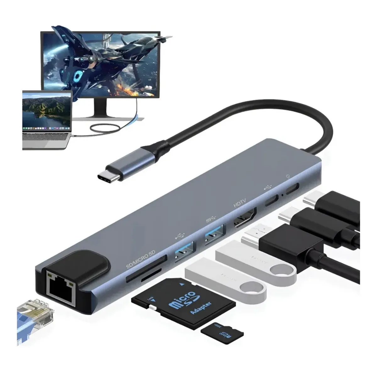 GENERICO - multipuerto hub 8 en 1 adaptador tipo c a usb,hdmi,rj45,tipo c, sd/TFwin/mac