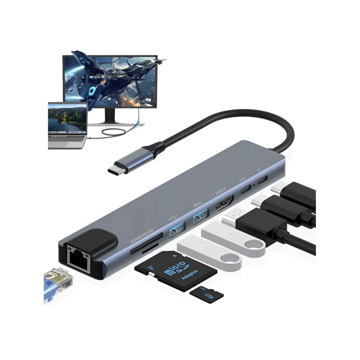 GENERICO - multipuerto hub 8 en 1 adaptador tipo c a usb,hdmi,rj45,tipo c, sd/TFwin/mac