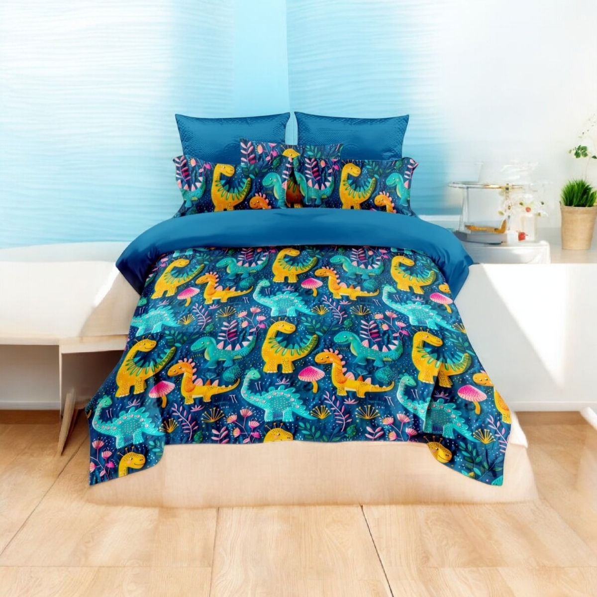 GENERICO - Cubrecama Quilt de Verano 1.5 Plazas Diseño De Dinosaurios Multicolor_.