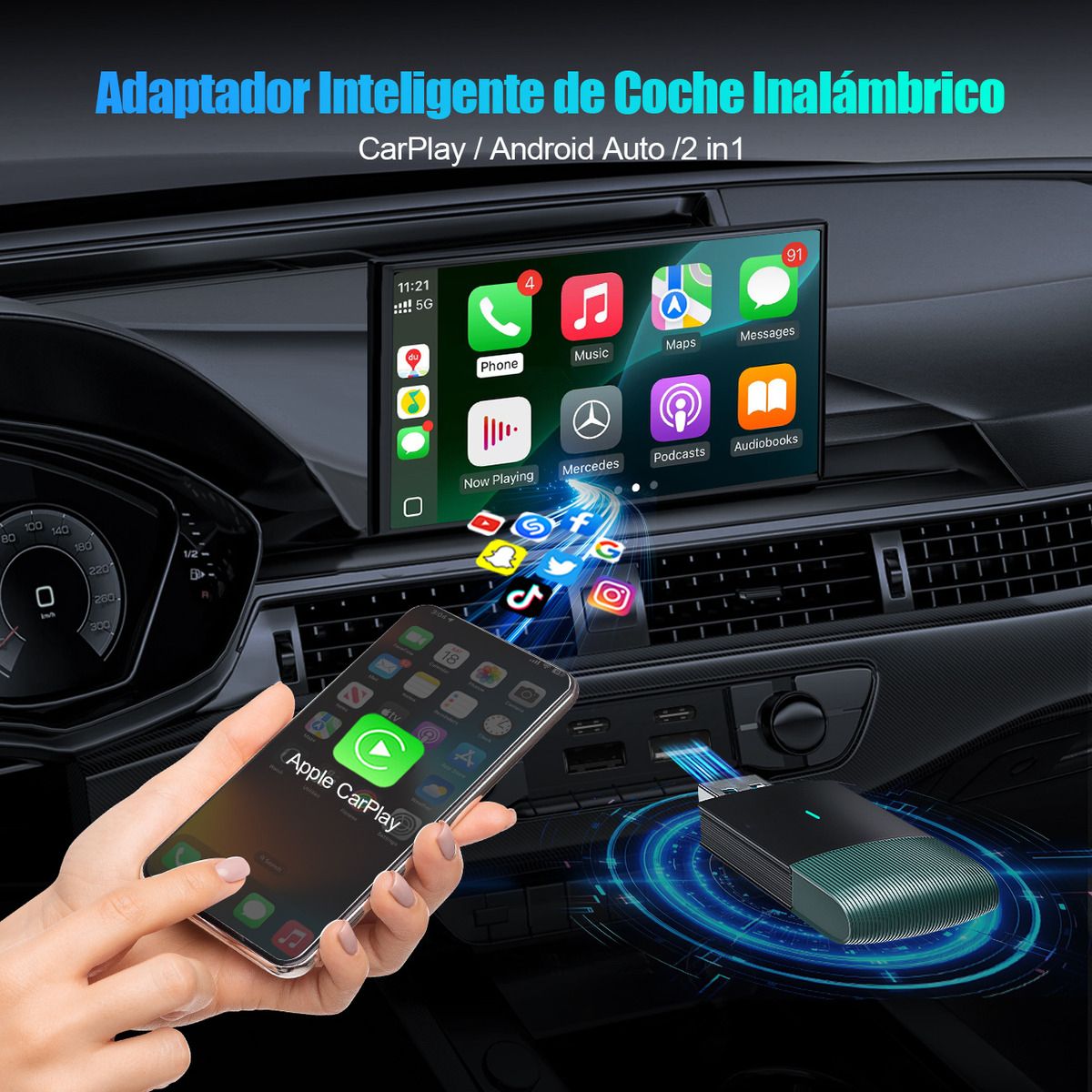 GENERICO - Adaptador Inalámbrico Carplay Android Auto Wires To Wireless
