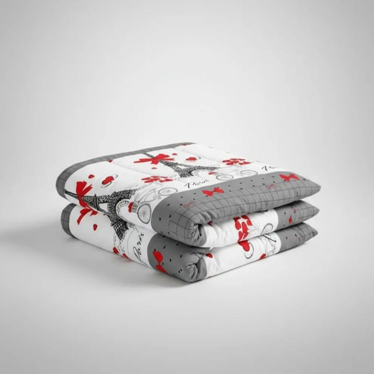 GENERICO - Cubrecama Quilt De Verano De 1.5 Plazas Diseño De París, Lazo Rojo Y Bicicletas