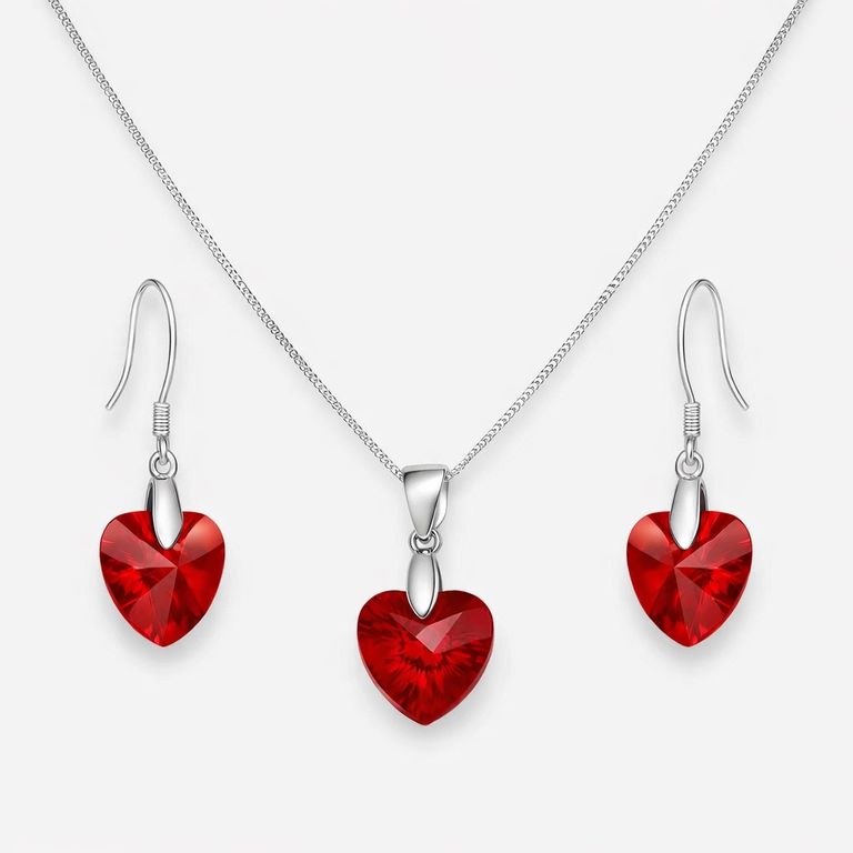 Conjunto Collar y Aros Corazon Cristal Austriaco Rojo Plata 925 Plateado TALLA UNICA