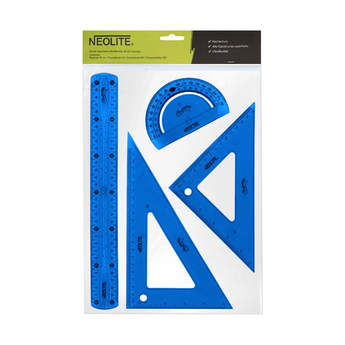 NEOLITE - Set Geometría 4 Piezas Ultraflexible 30cm Linea Kids Neolite Azul