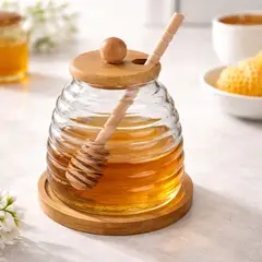 GENERICO - Tarro Para Miel Con Cuchara Bambú 400ml Vidrio 14x8cm