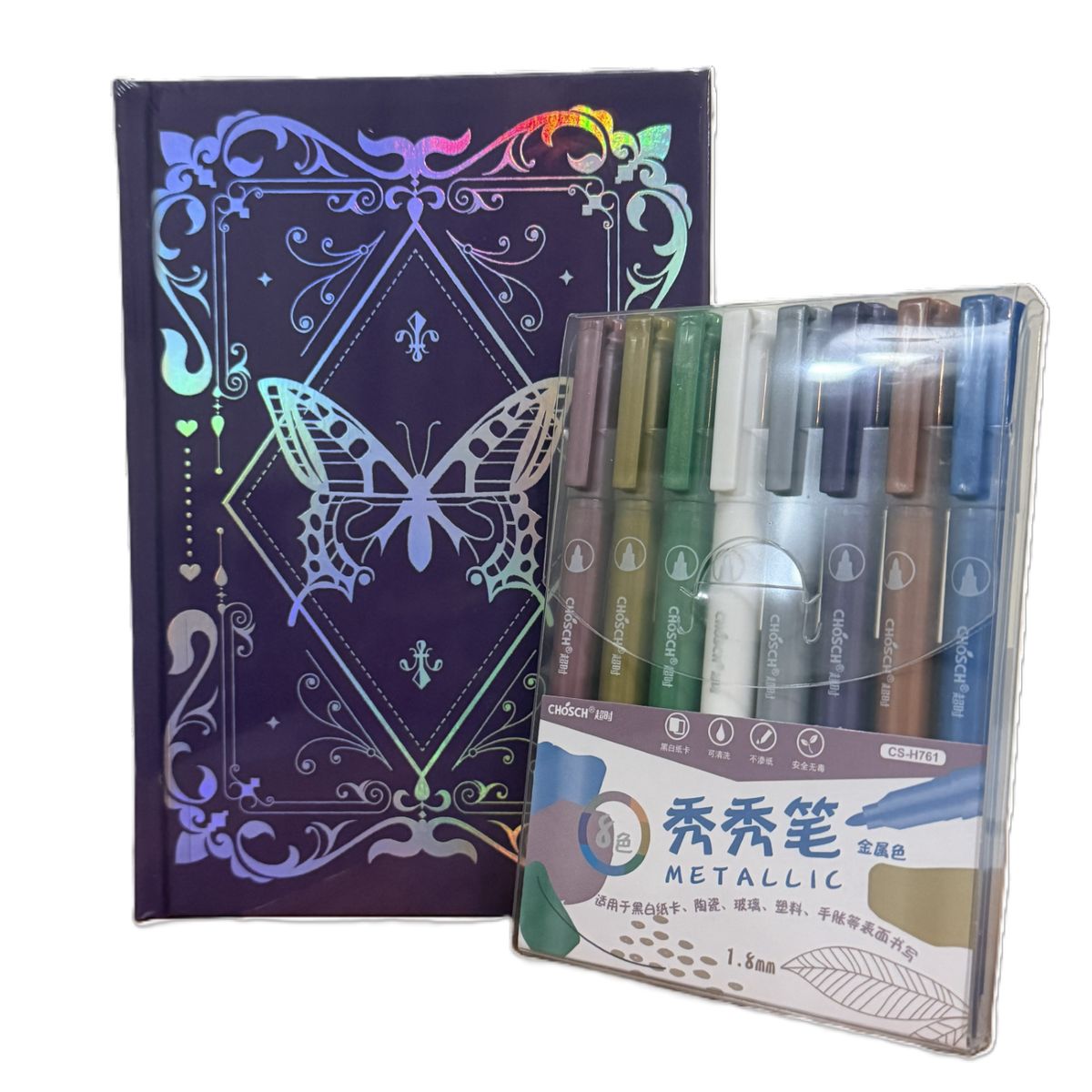 GENERICO - Pack Libreta Hojas Negras + Set Marcadores Metálicos