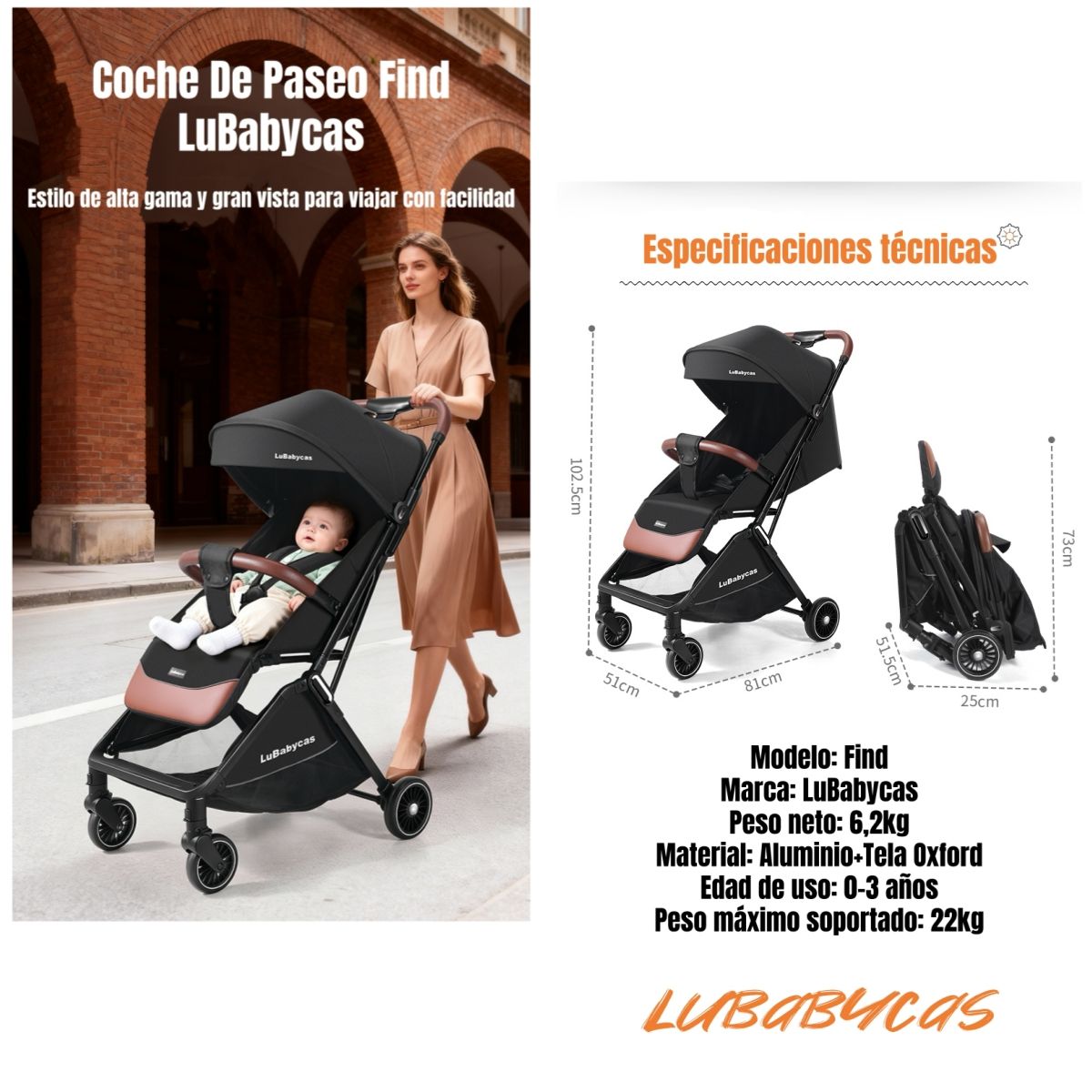 LUBABYCAS - Coche bebé de paseo Elegante De Aluminio 0-3 Años Find Lubabycas