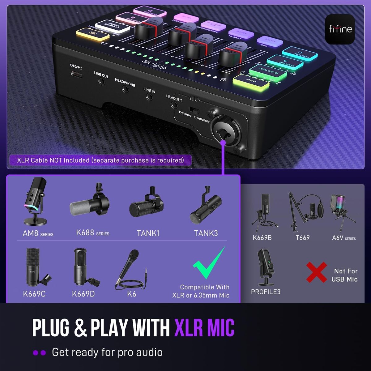 FIFINE - Consola Digital Fifine SC3 4 Canales Conectividad USB-C y XLR para Streaming