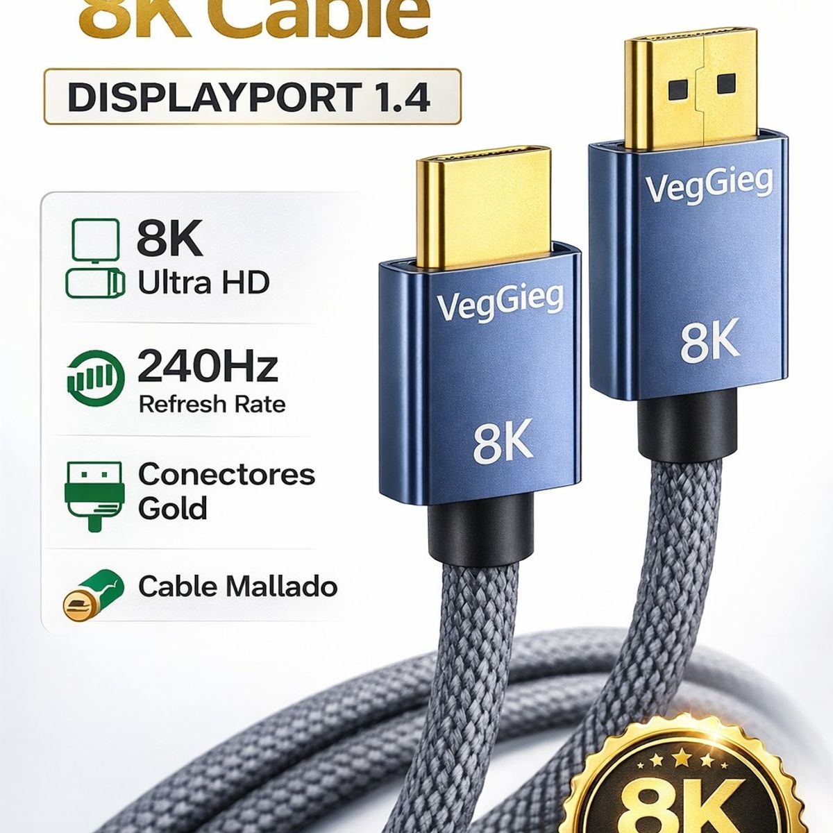 GENERICO - Cable Veggieg Displayport 8k 60hz  4k 144hz 2k 165hz V1.4 2mt Trenzado Hdr Arc 3d Visual Effect