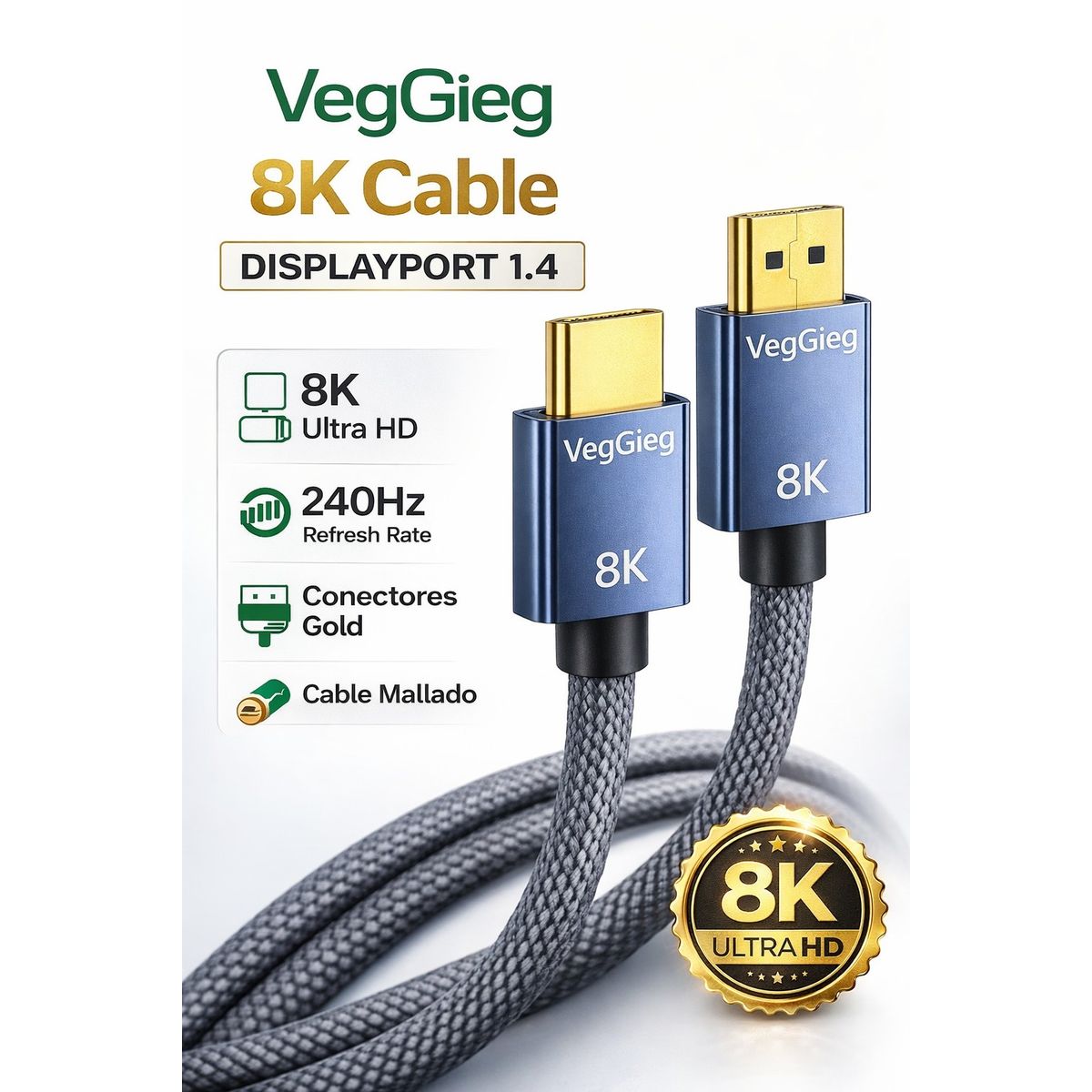 GENERICO - Cable Veggieg Displayport 8k 60hz  4k 144hz 2k 165hz V1.4 2mt Trenzado Hdr Arc 3d Visual Effect