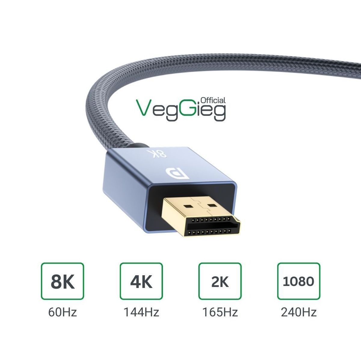 GENERICO - Cable Veggieg Displayport 8k 60hz  4k 144hz 2k 165hz V1.4 2mt Trenzado Hdr Arc 3d Visual Effect