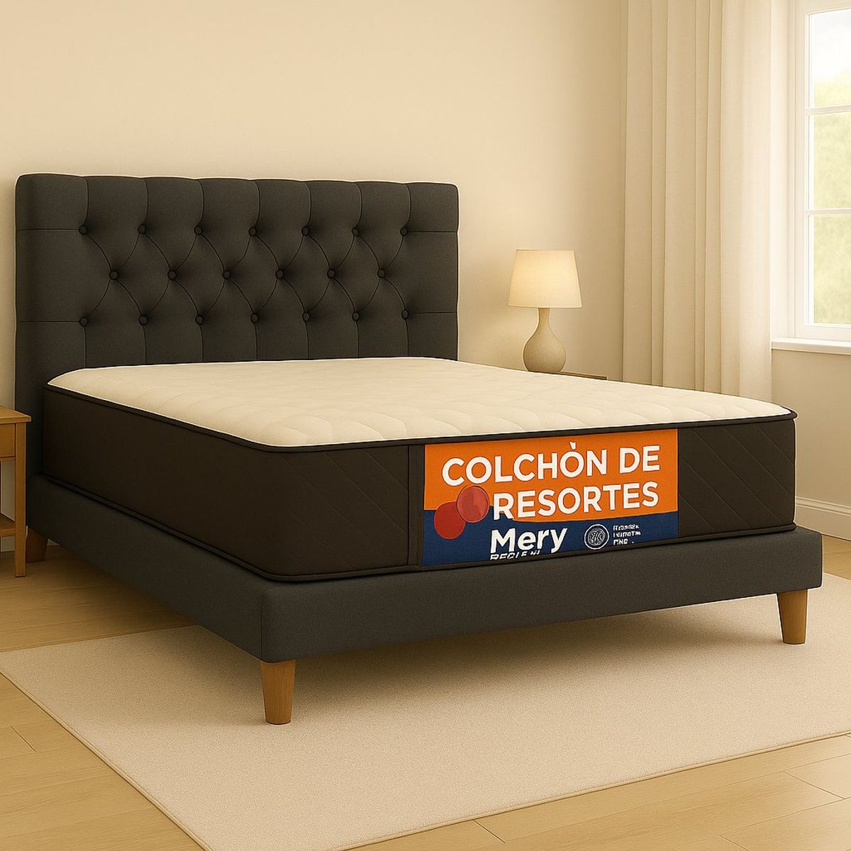 GENERICO - Cama Plaza y Media Gris Oscuro Capitone + Colchon Mery Desing