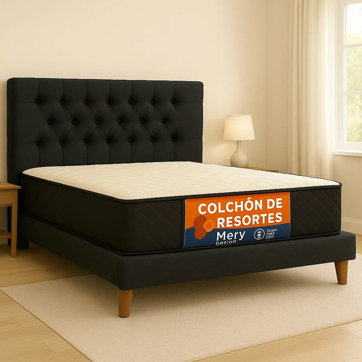 GENERICO - Cama Plaza y Media Negro Capitone + Colchon Mery Desing