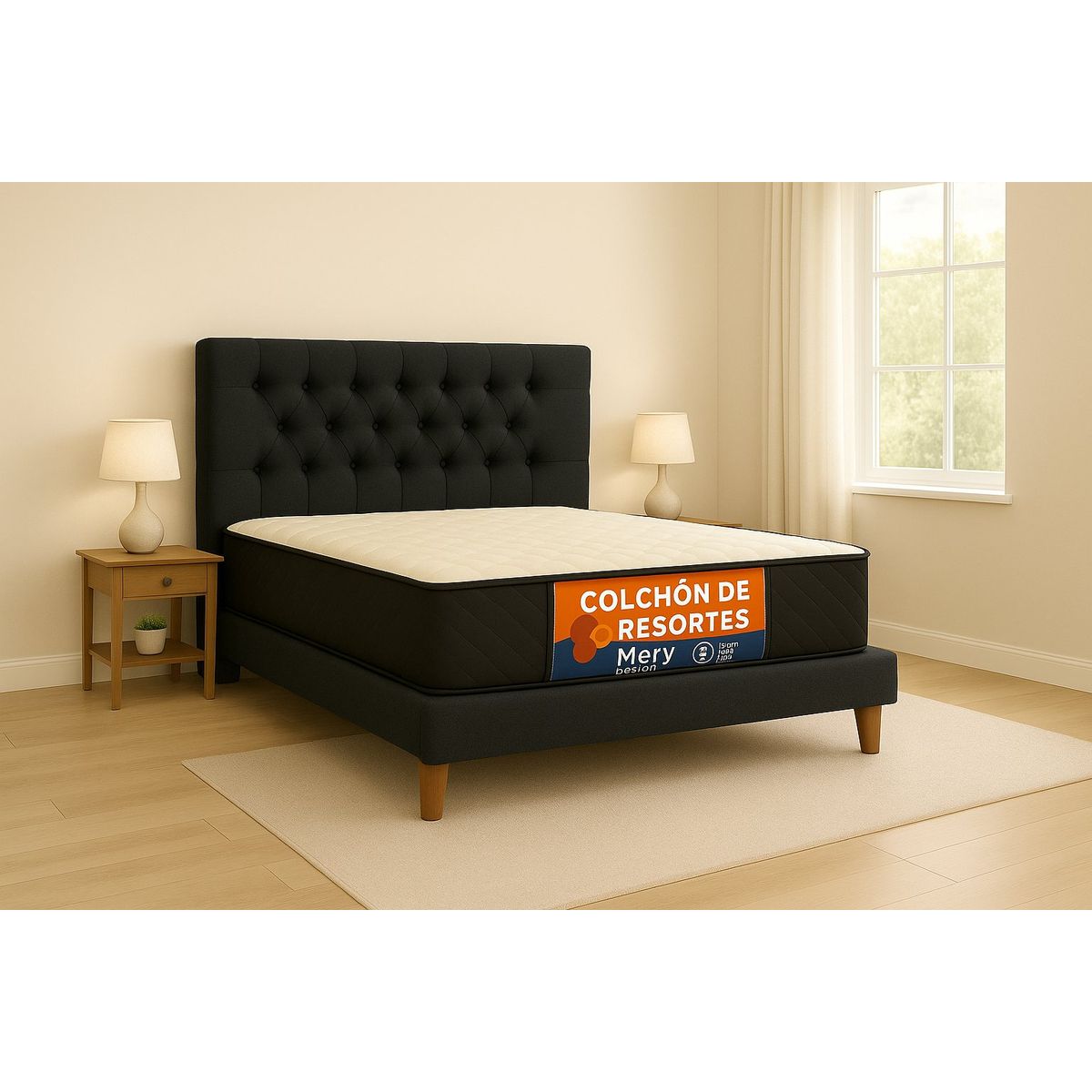 GENERICO - Cama Plaza y Media Negro Capitone + Colchon Mery Desing