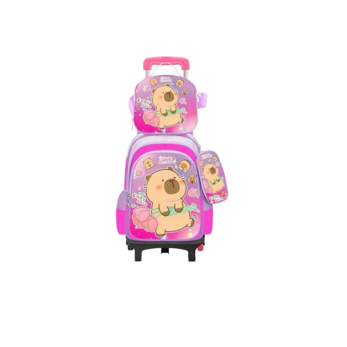 GENERICO - Mochila 3D Capybara Nino y Nina Con 6 Ruedas 3 en 1 Color Rosado Nina