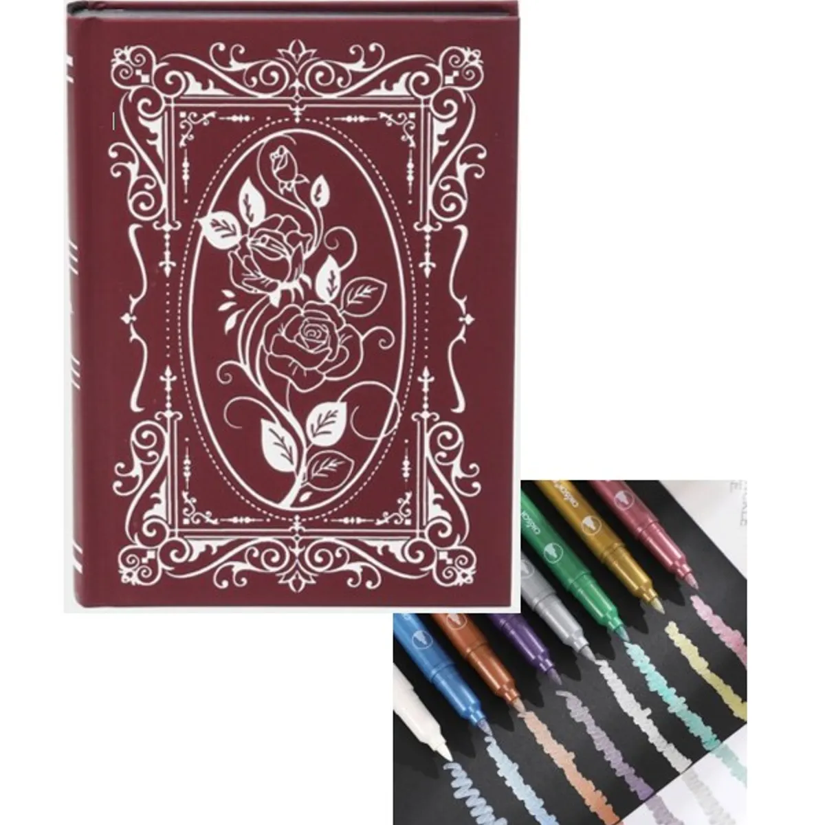 GENERICO - LIBRETA /CUADERNO CON TAPA DURA  ROSAS–  100% NEGRA + LAPICES