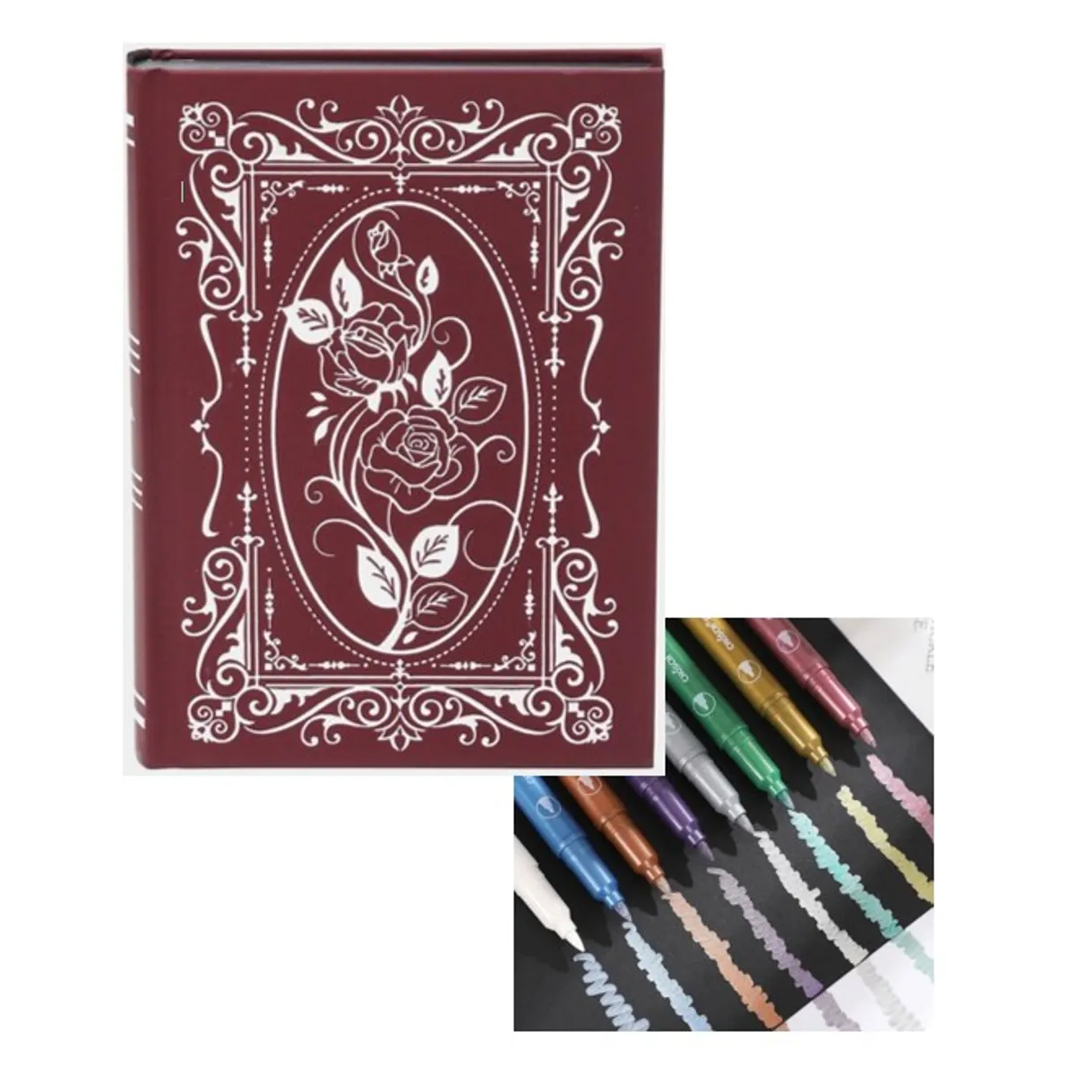 GENERICO - LIBRETA /CUADERNO CON TAPA DURA  ROSAS–  100% NEGRA + LAPICES