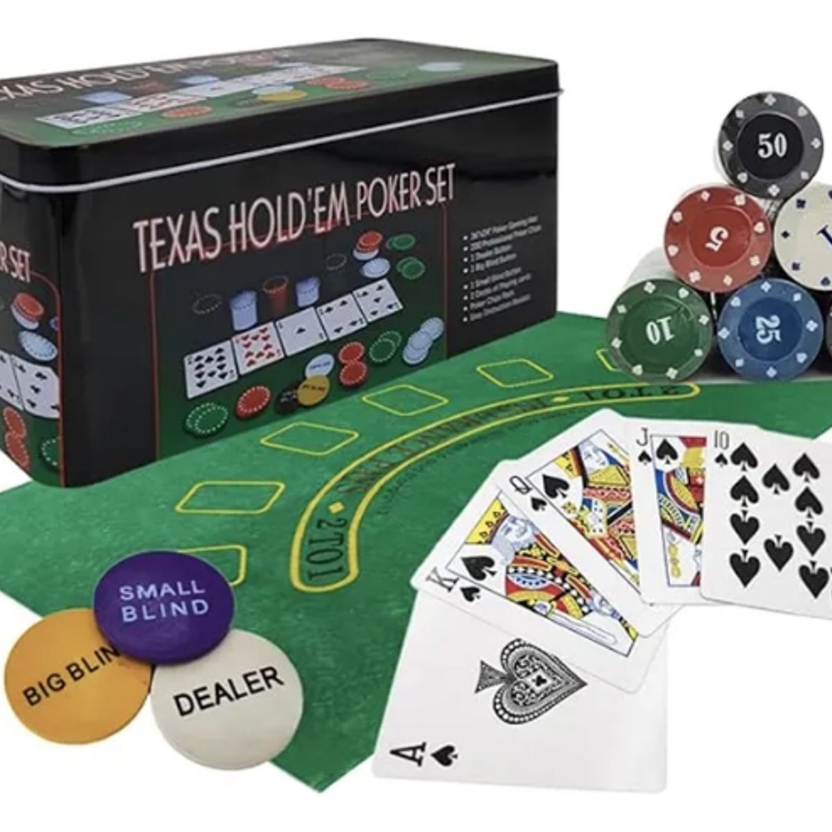 GENERICO - Set Poker 200 Fichas Texas Holdem 2 Barajas Paño Caja Fichas Texas Holdem