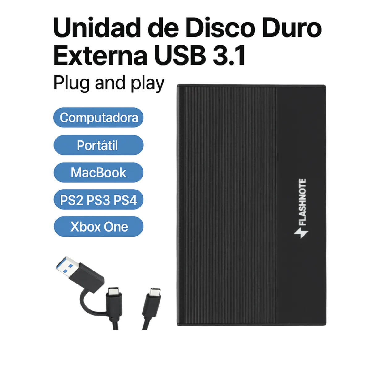 FLASHNOTE - Disco Duro Externo 1tb Flashnote USB 3.1 Tipo C Aluminio HDD Premium