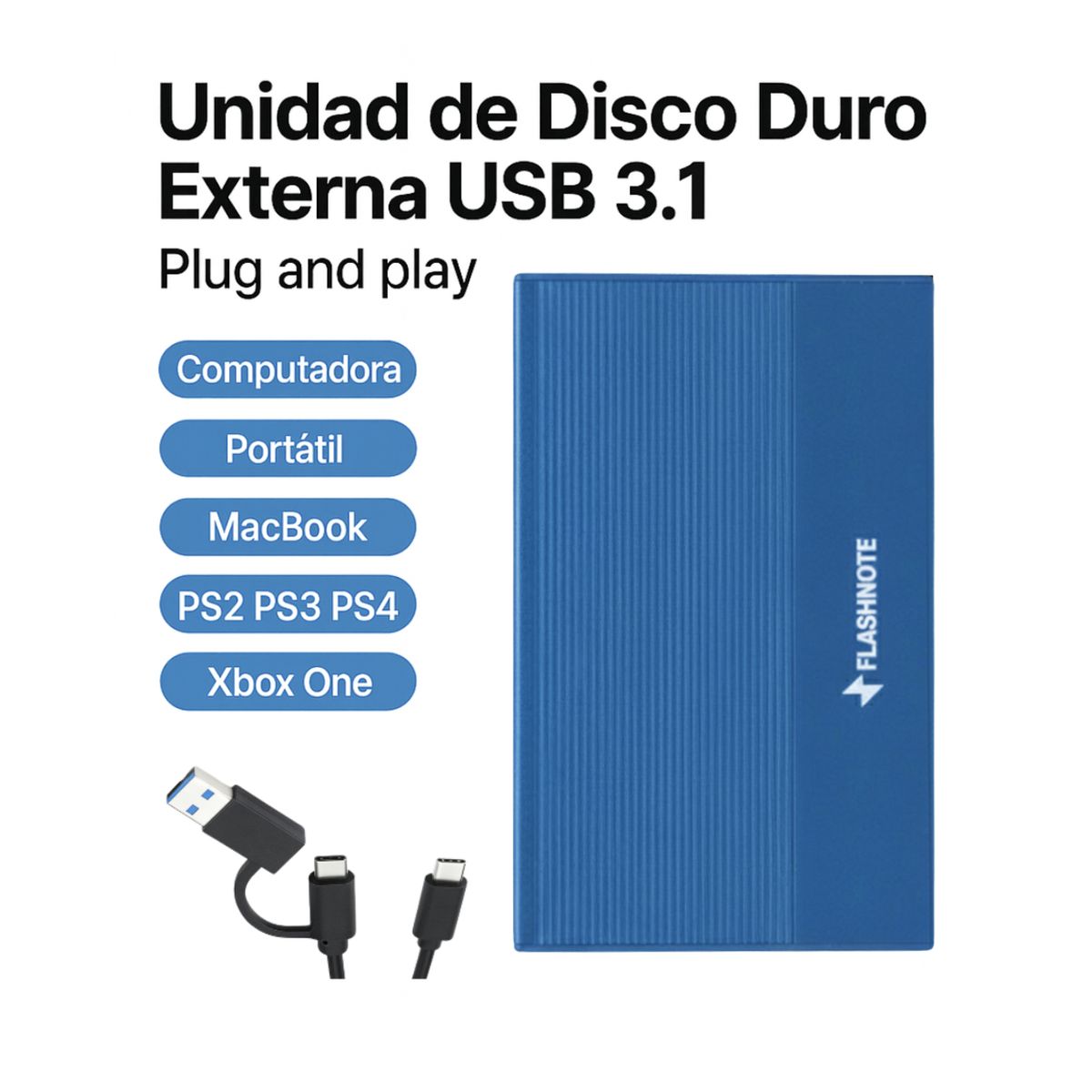 FLASHNOTE - Disco Duro Externo 500gb Flashnote USB 3.1 Tipo C Aluminio HDD Premium