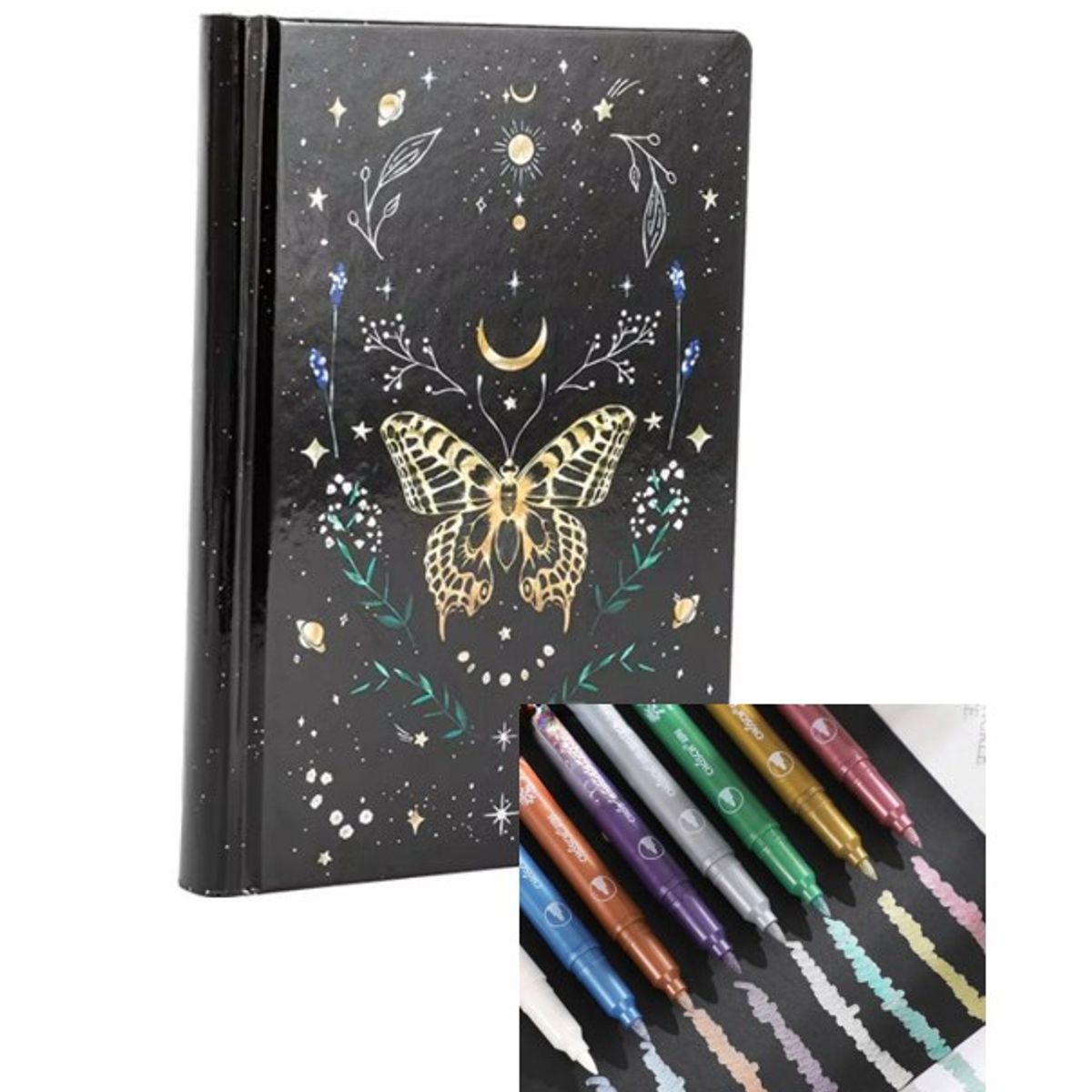 GENERICO - LIBRETA /CUADERNO CON TAPA DURA  MARIPOSAS AM –  100% NEGRA + LAPICES