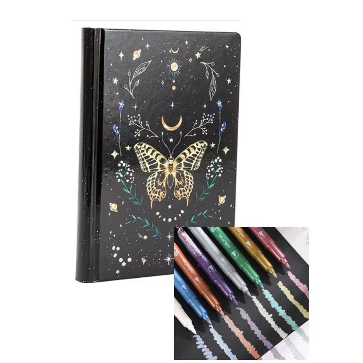 GENERICO - LIBRETA /CUADERNO CON TAPA DURA  MARIPOSAS AM –  100% NEGRA + LAPICES