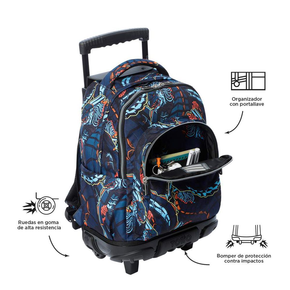 TOTTO - Mochila Escolar Con Ruedas Totto Rue Bomper Azul Para Niños