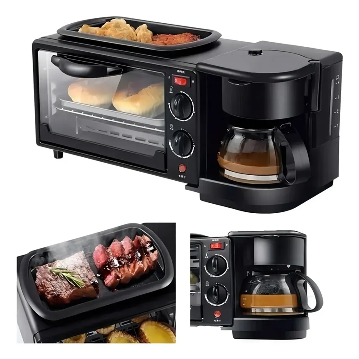 GENERICO - Máquina de Desayuno Multifuncional 3 En 1 Horno Cafetera Sartén