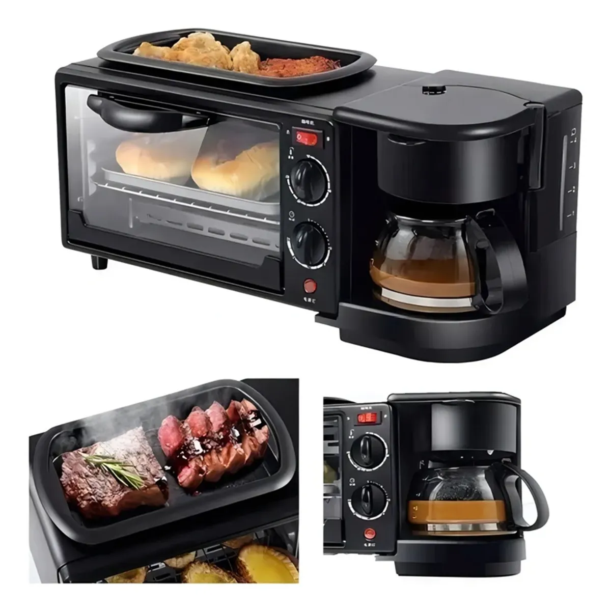 GENERICO - Máquina de Desayuno Multifuncional 3 En 1 Horno Cafetera Sartén