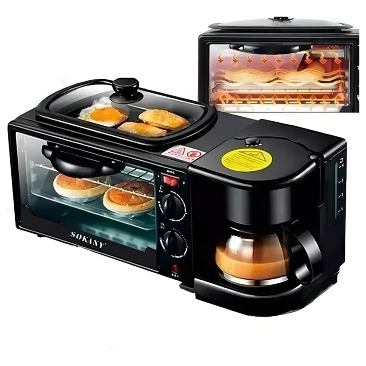 GENERICO - Máquina de Desayuno Multifuncional 3 En 1 Horno Cafetera Sartén