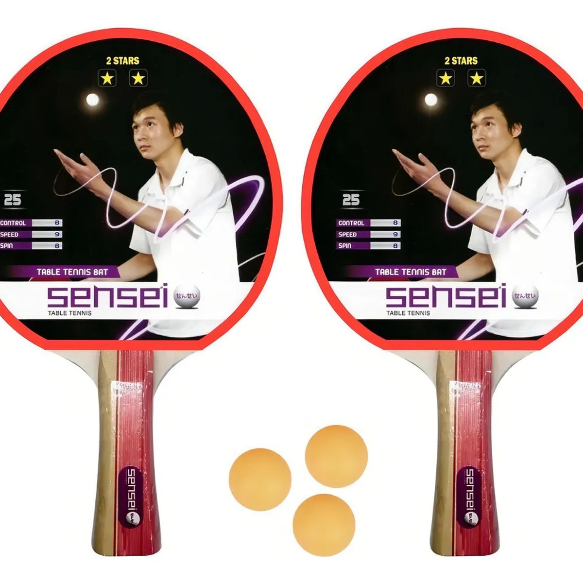 SENSEI - Set Ping Pong Sensei® 2 Paletas + 3 Pelotas - 2* Goma Lisa Color Rojo Tipo de mango FL (Cóncavo)