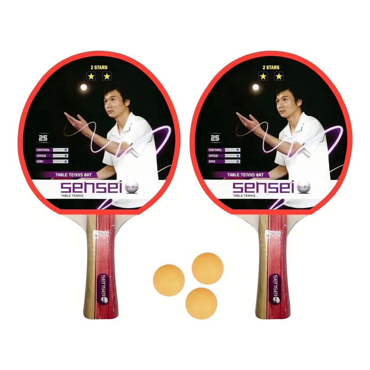 SENSEI - Set Ping Pong Sensei® 2 Paletas + 3 Pelotas - 2* Goma Lisa Color Rojo Tipo de mango FL (Cóncavo)