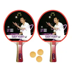 SENSEI - Set Ping Pong Sensei® 2 Paletas + 3 Pelotas - 2* Goma Lisa Color Rojo Tipo de mango FL (Cóncavo)