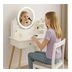 MOVI - Tocador Moderno con Luz Led +2 Cajones + Asiento - Iluminación y Comodidad para Tu rutina de Belleza