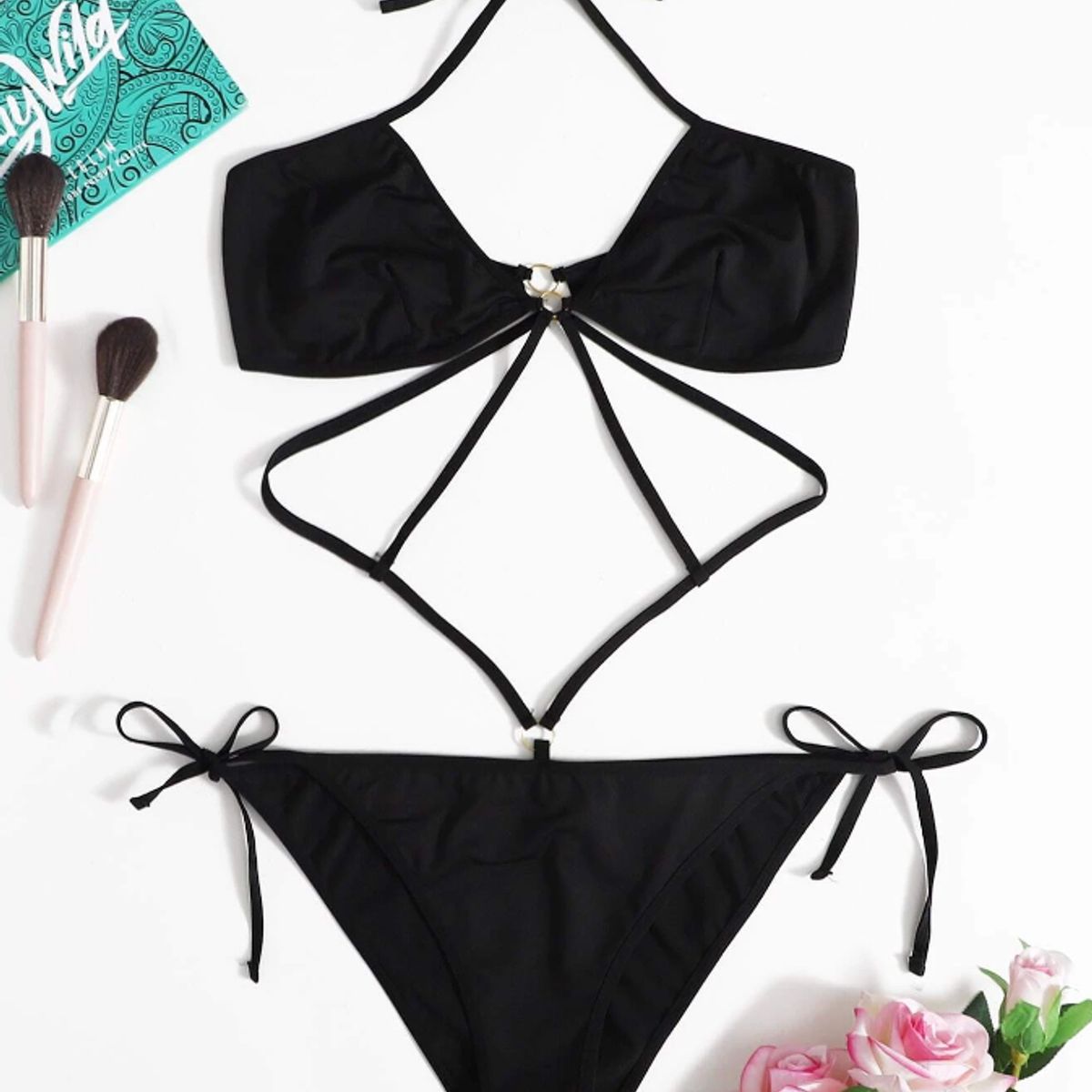 KIRAMA CLOTHING STORE - Conjunto de Ropa Interior Negro con Anilla y Tirantes Finos