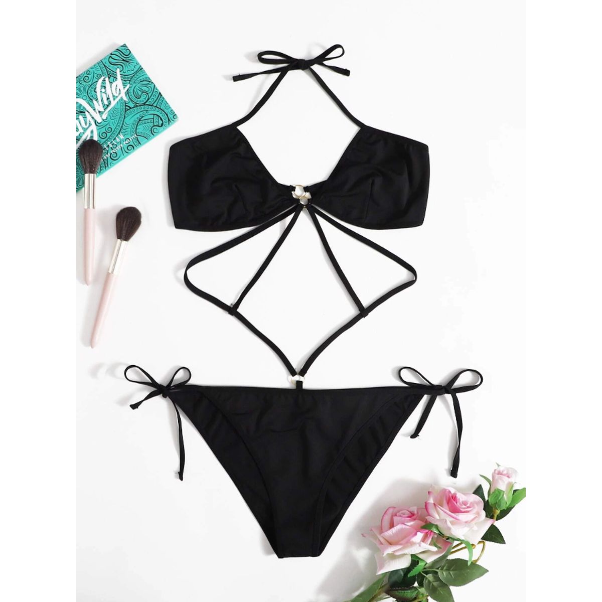 KIRAMA CLOTHING STORE - Conjunto de Ropa Interior Negro con Anilla y Tirantes Finos