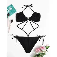 KIRAMA CLOTHING STORE - Conjunto de Ropa Interior Negro con Anilla y Tirantes Finos