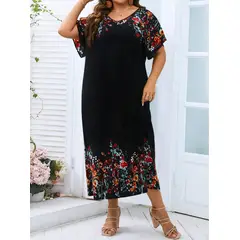KIRAMA CLOTHING STORE - Vestido Largo Negro Floral Bohemio de Manga Murciélago