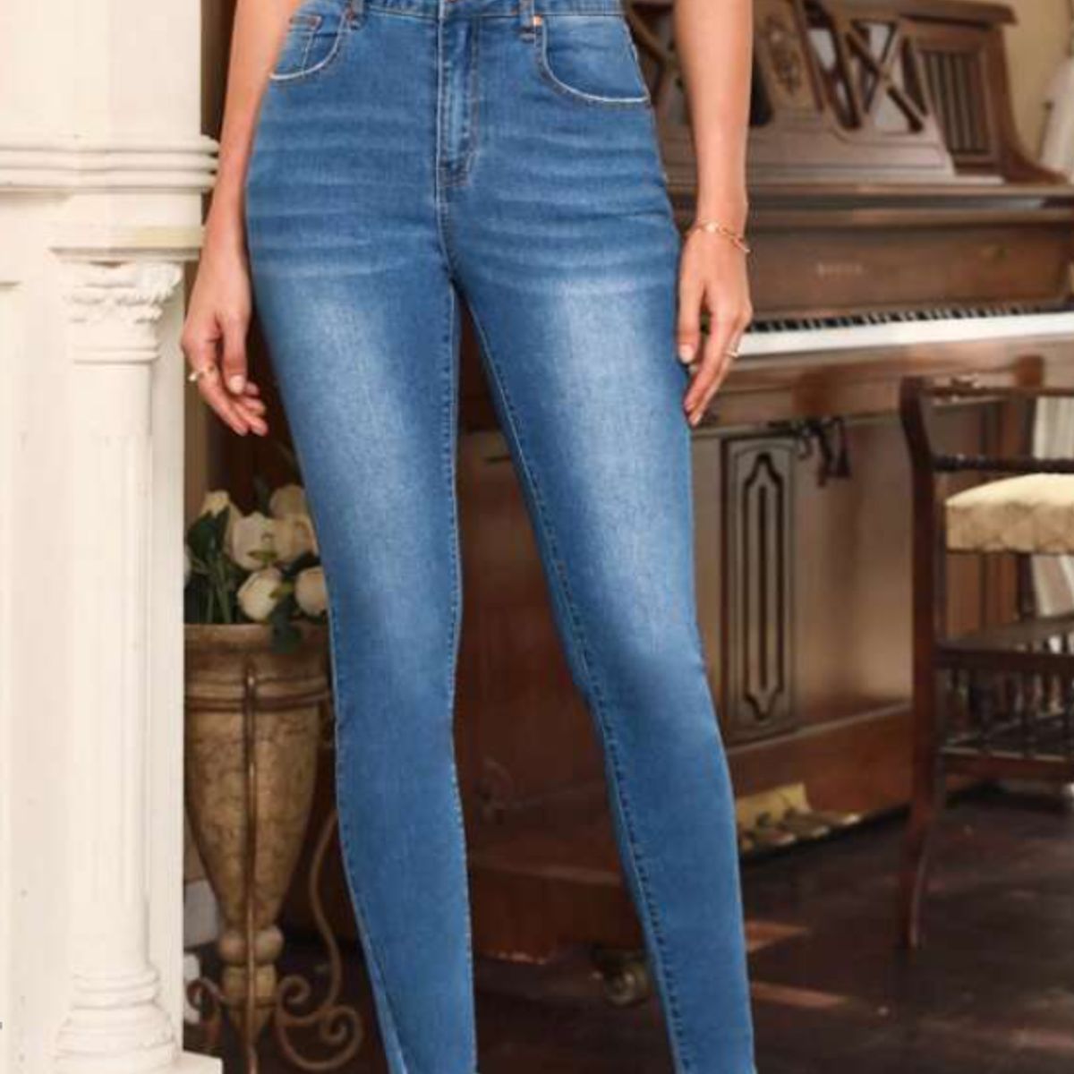 KIRAMA CLOTHING STORE - Jeans Skinny Azul Lavado Medio de Tiro Natural