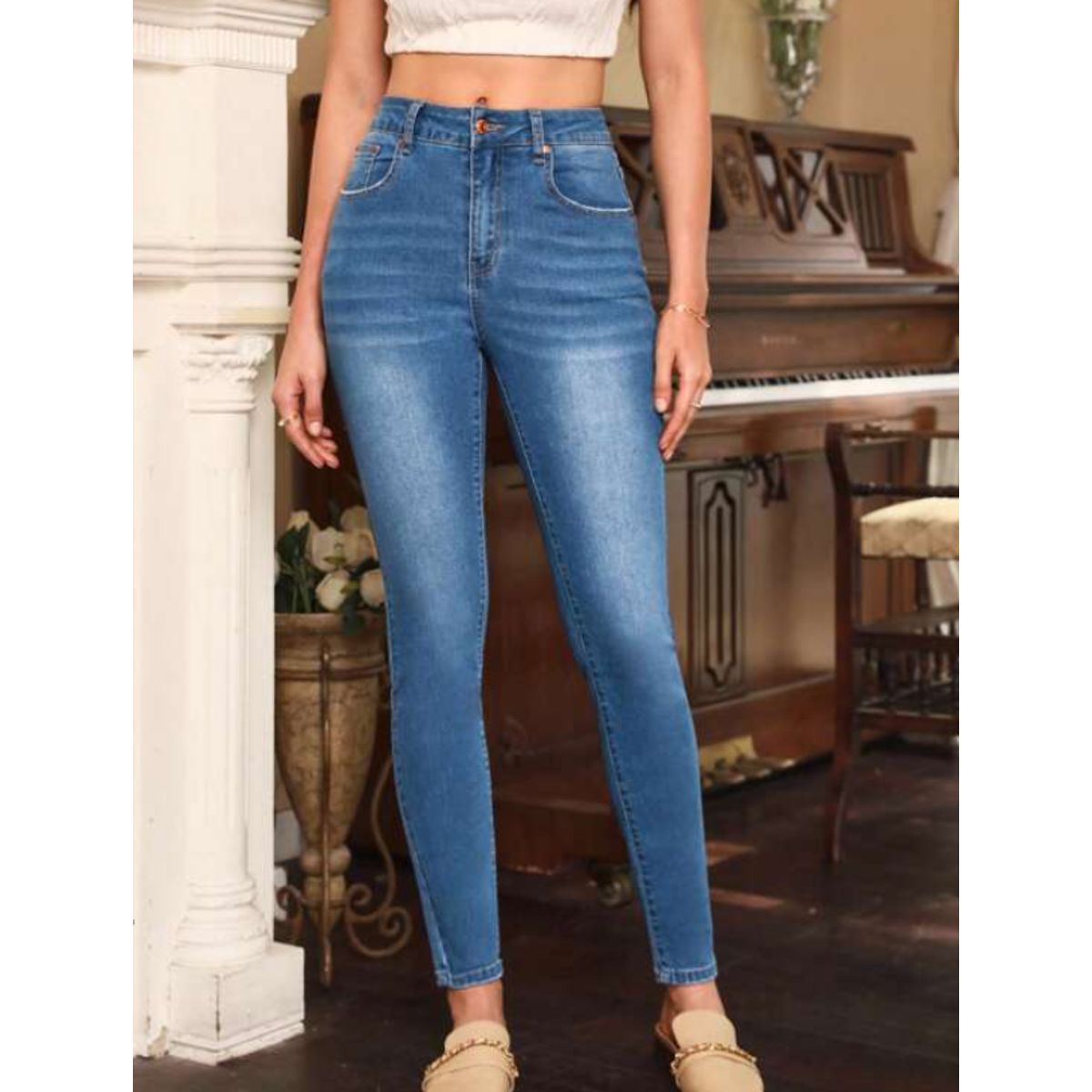 KIRAMA CLOTHING STORE - Jeans Skinny Azul Lavado Medio de Tiro Natural