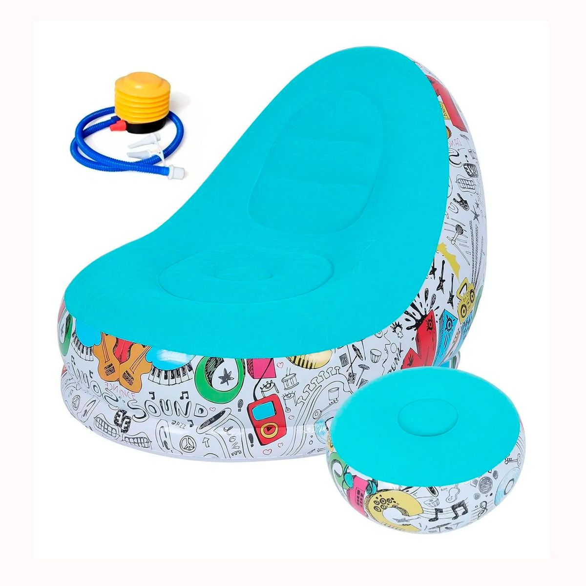 GENERICO - Puff inflable con reposa pies + Inflador Color Celeste