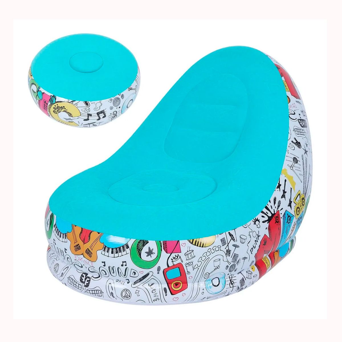GENERICO - Puff inflable con reposa pies + Inflador Color Celeste