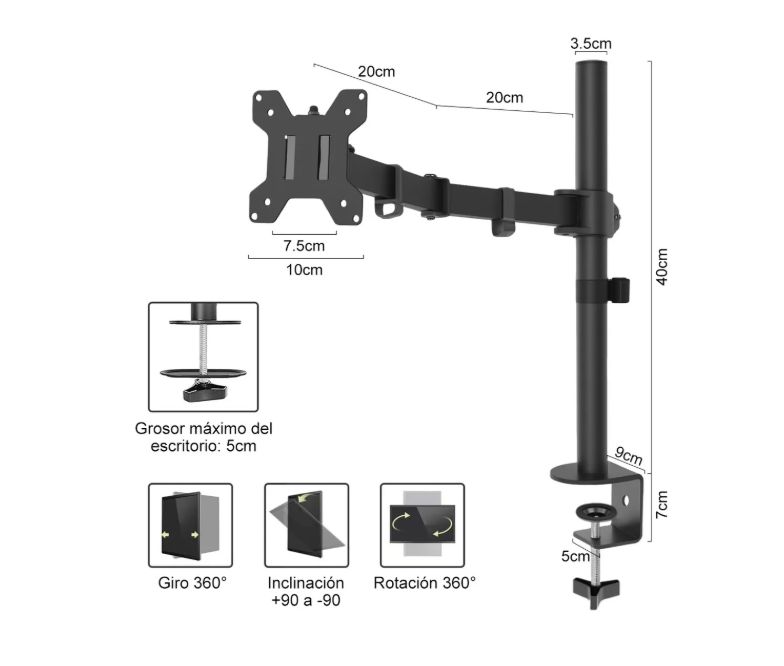 GENERICO Soporte Monitor Vertical De Escritorio Base Brazo Negro
