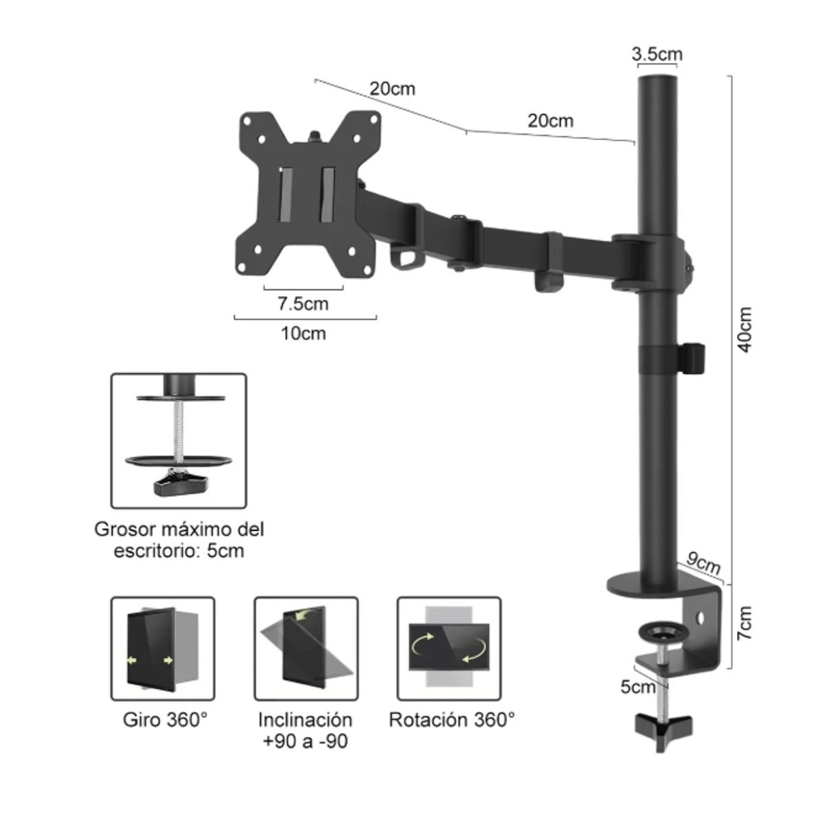 GENERICO - Soporte Monitor Vertical De Escritorio Base Brazo Negro
