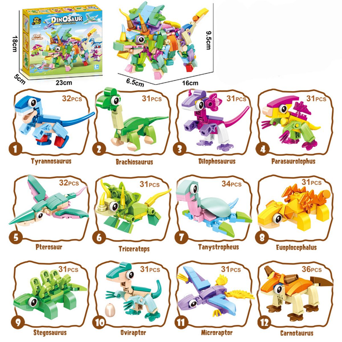 DANWEILE - Mini juguete de bloques de construcción 12 en 1 Triceratops