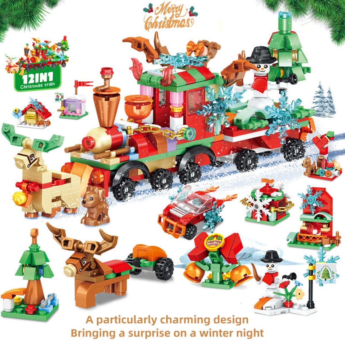 DANWEILE - Mini juguete de bloques de construcción 12 en 1 Tren de Navidad