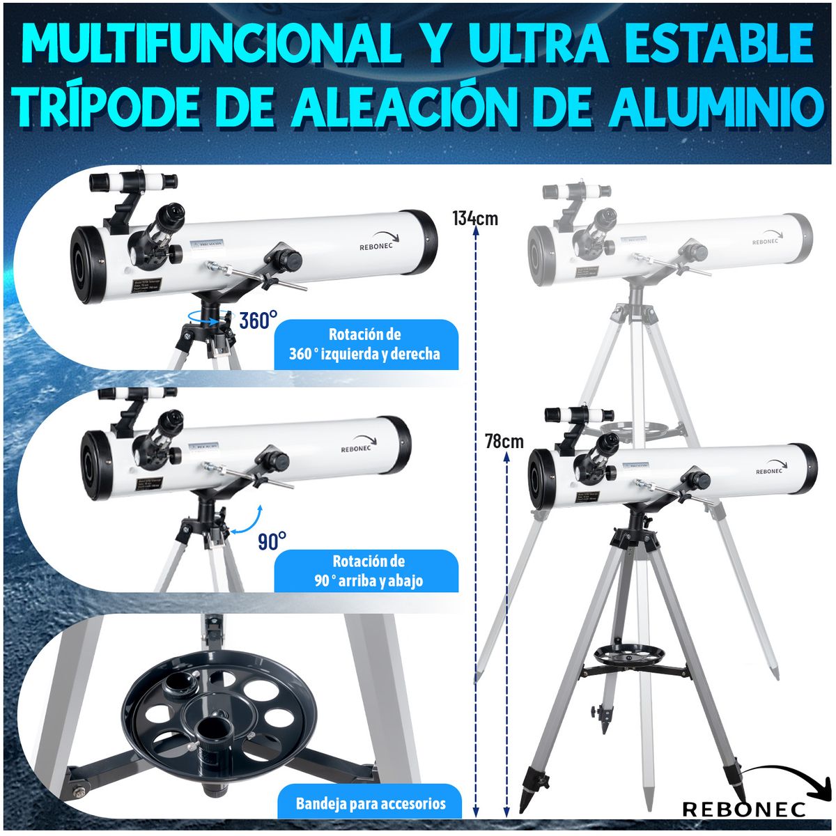 REBONEC - Telescopio Astronómico Profesional F70076 Ajustable Rebonec