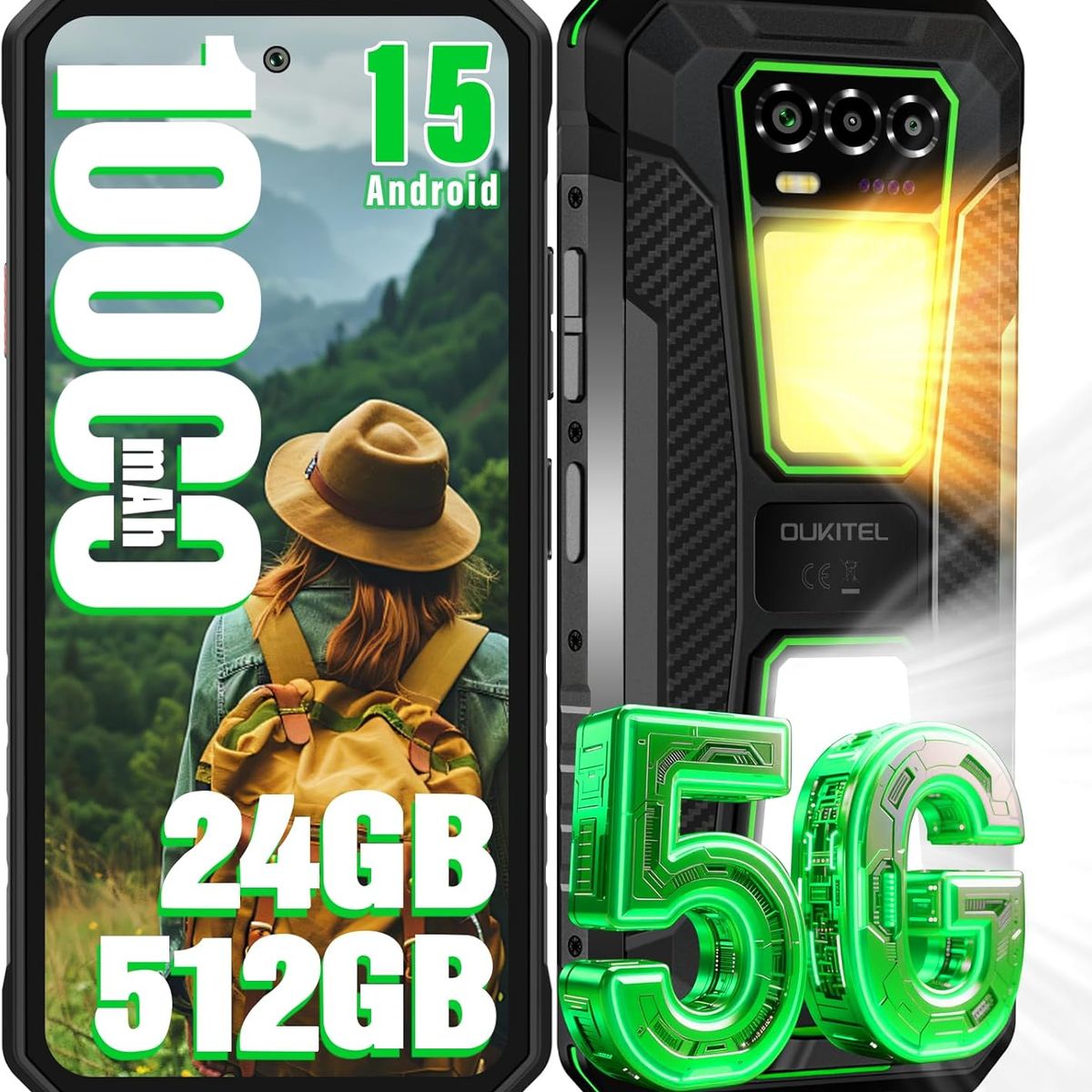 OUKITEL - OUKITEL WP58 PRO 5G Celular 24GB+512GB 10000mAh Android 15 Smartphone-Verde