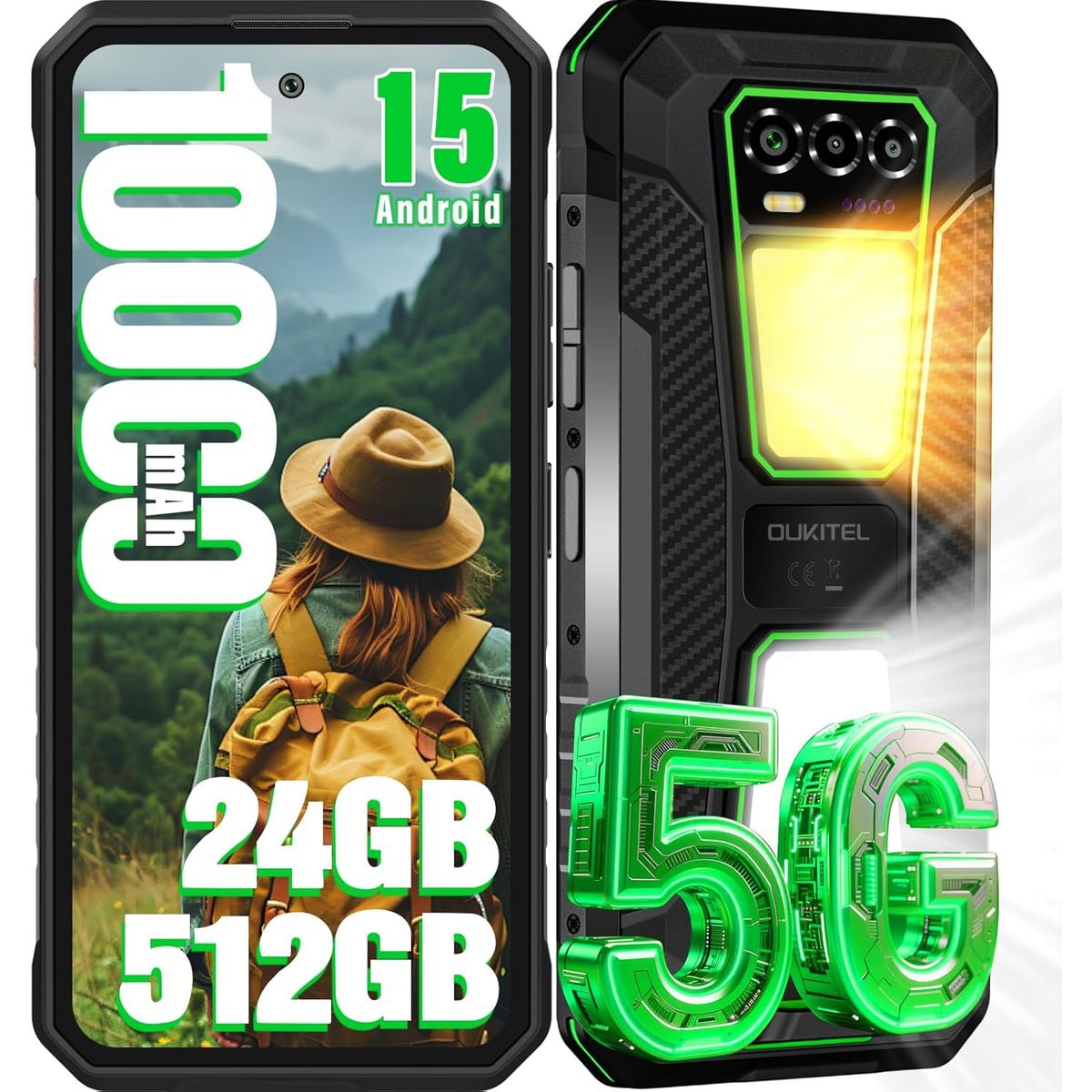 OUKITEL - OUKITEL WP58 PRO 5G Celular 24GB+512GB 10000mAh Android 15 Smartphone-Verde